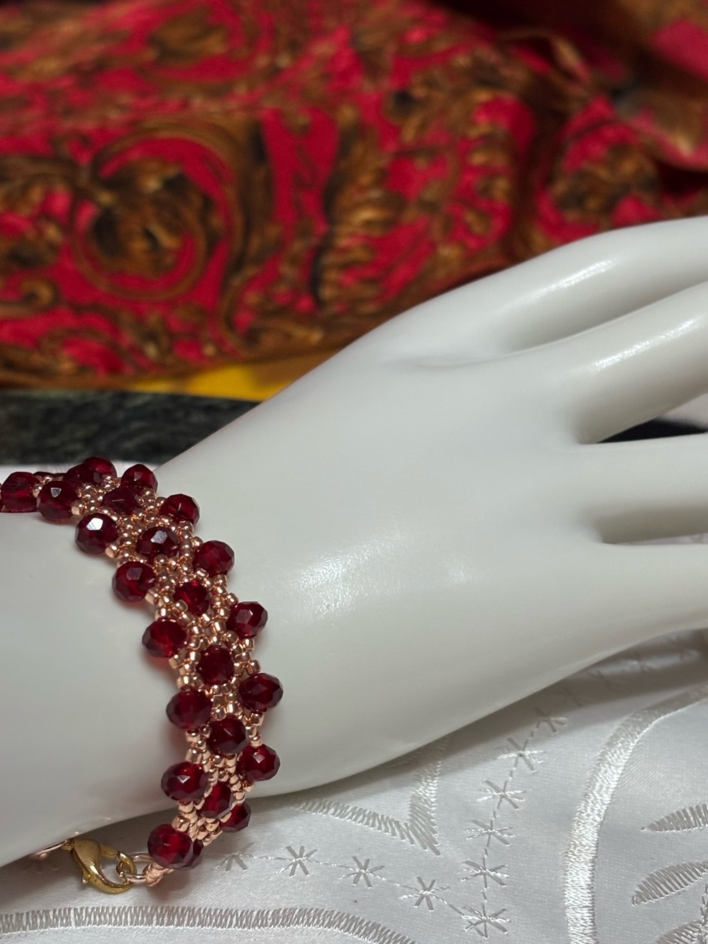 Red Crystal Beaded Bracelet 7 inches